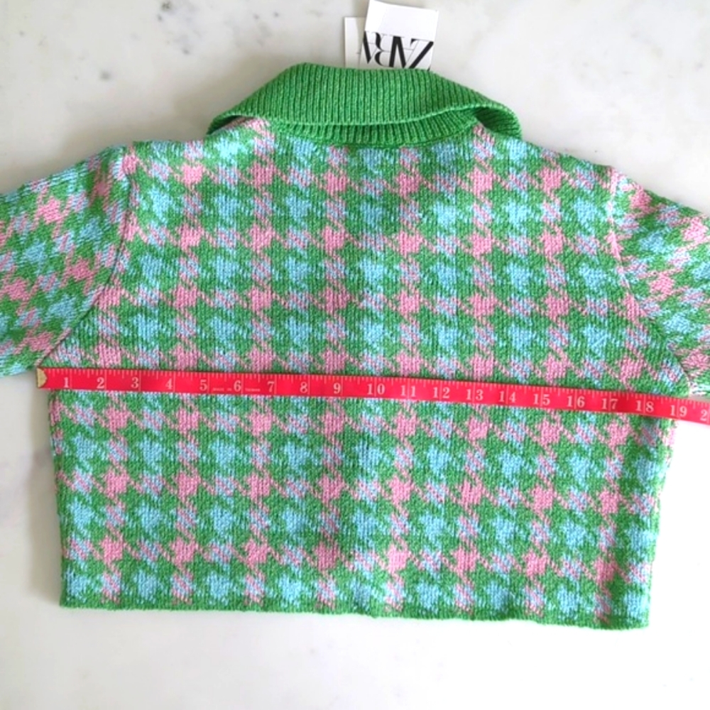 ZARA Houndstooth Knit Crop Cardigan & Skirt Set 2 pc S pink green mini skirt - Picture 12 of 13